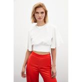 Sateen Kolyeli Kısa Kol Bluz - Ekru