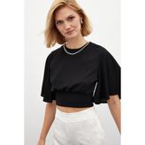 Sateen Kolyeli Kısa Kol Bluz - Siyah - 36