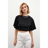 Sateen Kolyeli Kısa Kol Bluz - Siyah - 38