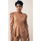 Sateen Kruvaze Deri Bluz - Camel