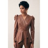 Sateen Kruvaze Deri Bluz - Kahve