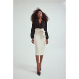 Sateen Kuşaklı Kalem Etek - Bej - 36