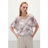 Sateen Nakışlı Kısa Kol Bluz - Camel