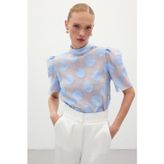 Sateen Organze Kısa Kol Bluz - Mavi