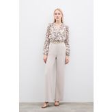 Sateen Pileli Krep Pantolon - Taş