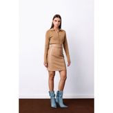 Sateen Şardonlu Deri Etek - Camel - 42