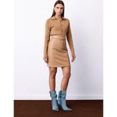 Sateen Şardonlu Deri Etek - Camel