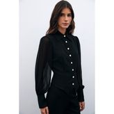 Sateen Şifon Kol Gömlek - Siyah - 38