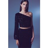 Sateen Tek Kollu Crop Bluz - Siyah