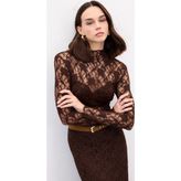 Sateen Transparan Dantel Bluz - Kahve