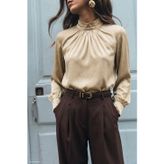 Sateen Uzun Kollu Bluz - Bej