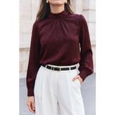 Sateen Uzun Kollu Bluz - Bordo