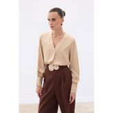 Sateen V Yaka Saten Bluz - Camel