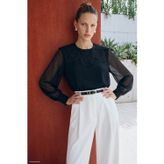 Sateen Yaka Detaylı Bluz - Siyah