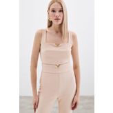 Sateen Yaka Gold Aksesuarlı Bluz - Bej