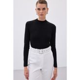 Sateen Yarım Balıkçı Triko Bluz - Siyah