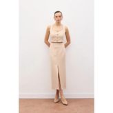 Sateen Yırtmaçlı Midi Etek - Bej - 38