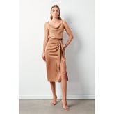 Sateen Yırtmaçlı Saten Etek - Camel