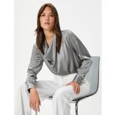 Saten Bluz Drape Yaka Uzun Kollu