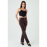 Select Moda Kadın Bordo Deri Görünümlü Geniş Paça Pantolon