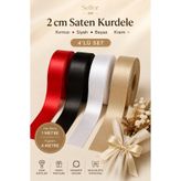 Sellor 2 cm Saten Kurdele 4'lü Set Kırmızı Siyah Beyaz Koyu Krem 1 Metre Çiçek Hediye Süsü