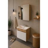 Septemius Sardalya 55 cm Seramik Lavabolu Banyo Dolabı Aynalı Mdf Banyo Dolap Seti - RENK - Beyaz - Meşe
