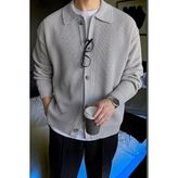 Serablanka Erkek Polo Yaka Oversize Triko Hırka Gri