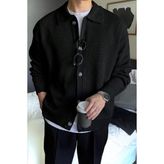 Serablanka Erkek Polo Yaka Siyah Oversize Triko Hırka Basic Stil ile Konforlu Kullanım