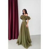 Serica Moda Haki Madonna Yaka Beli Taş İşlemeli Abiye Elbise