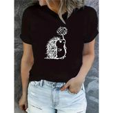 Sevimli Kirpi Baskılı T-Shirts - Siyah