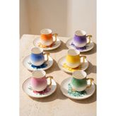 Sevinse Home IRIS Renk Geçişli Çiçek Desenli Porselen Kahve Fincan Takımı 6 Kişilik 100 cc Altın Renkli Kulplu Türk Kahvesi Fincan Seti