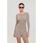 SHEISMONO Soft Rib Kayık Yaka Bluz Vizon