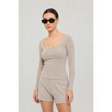 SHEISMONO Soft Rib Oval Yaka Bluz Bej
