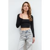 SHERIN Siyah Basic Kare Yaka Crop Bluz