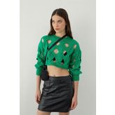 SHERIN Yeşil Oversize Delikli Triko Crop Kazak