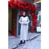 Simli Balon Kol Merserize Elbise - Bej - Standart
