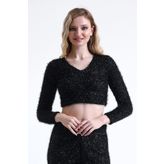 Simli Sakallı Abiye Crop Bluz | BLZ35283 Siyah