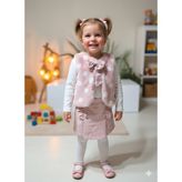 Şimo Butik Kız Çocuk Üçlü Takım (Peluşlu Yelek+Pamuklu Bluz+Kaşe Şort Etek) Şık Kışlık Koyu Pembe - Pembe - Altın - 3 Yaş