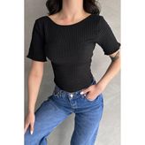 Sırt Dekolteli Basic Gofre Bluz - SİYAH - XL