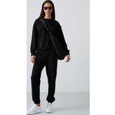 Siyah Basic Pamuklu O Yaka Oversize Lastik Paça Kadın Eşofman Takım - 95287