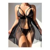 Siyah Dantelli Derin Dekoteli Tül Babydoll Gecelik