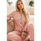 Siyah İnci Somon Çiçek Desenli Bürümcük-Krınkıl Kurdele Detaylı Düğmeli Hırka Pijama Takım 26223921-9