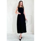 Siyah Midi Boy Basic Keten Elbise