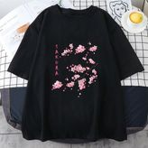 Siyah Sakura Kiraz Çiçeği Komik Güzel Baskı Tee Gömle