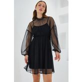 Siyah Tül Detaylı Mini Elbise 2485