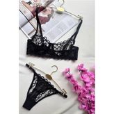 Siyah Tül İşlemeli Bralet ve String Külot Takımı