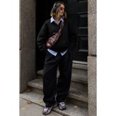 Siyah V Yaka Oversize Kadın Triko Kazak MG2149 - L