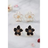 Siyah Ve Beyaz Sakura Çiçek 2'Li Set Küpe