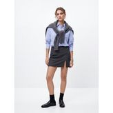 Slim Fit Yırtmaçlı Mini Gri Etek