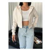 SmallTouch Kapüşonlu Fermuarlı Ekru Crop Hırka